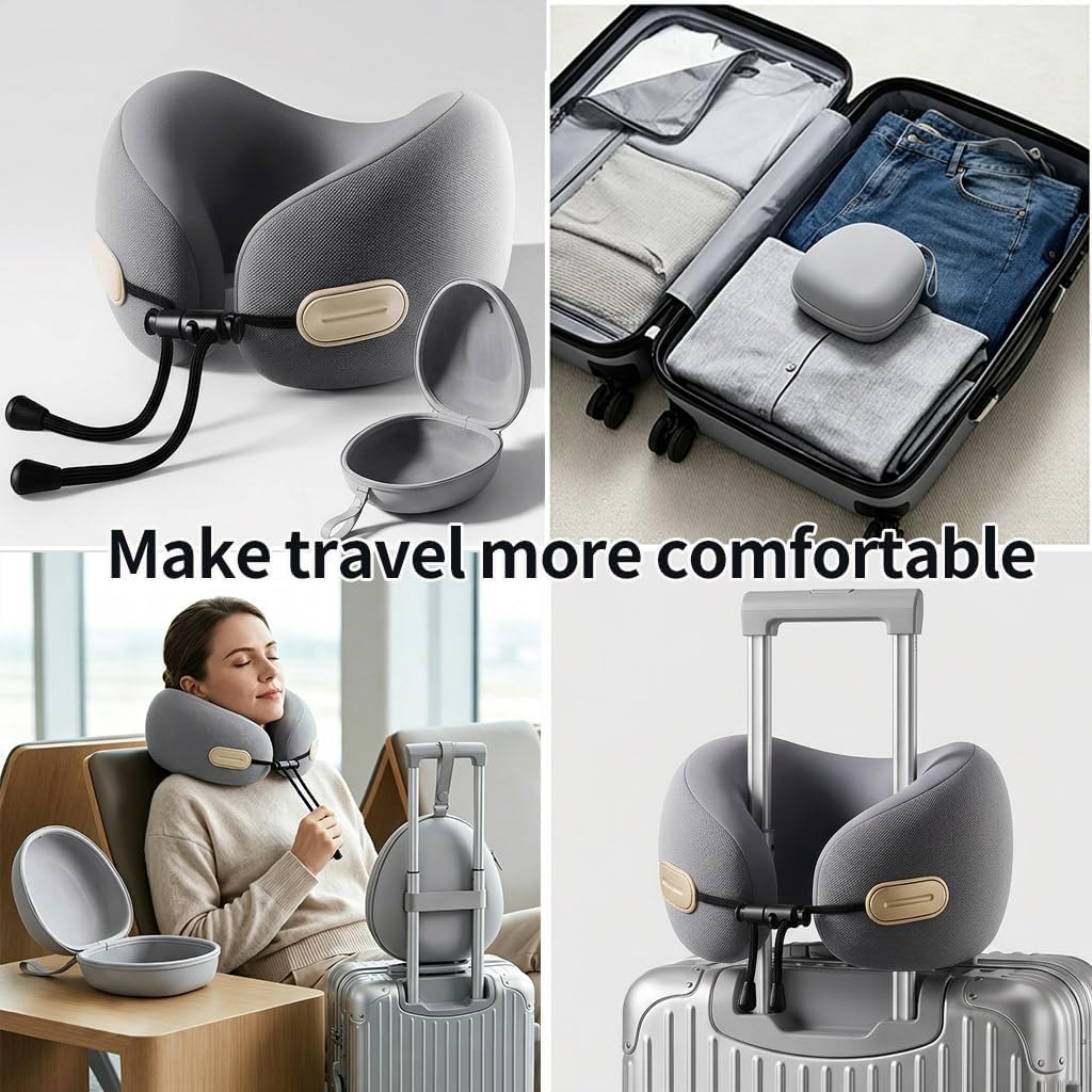 Ziurfys Travel Neck Pillow with Storage Case, 100% Pure Memory Foam, Airplane Head Support for Flight Sleeping, Portable, Gray Gray