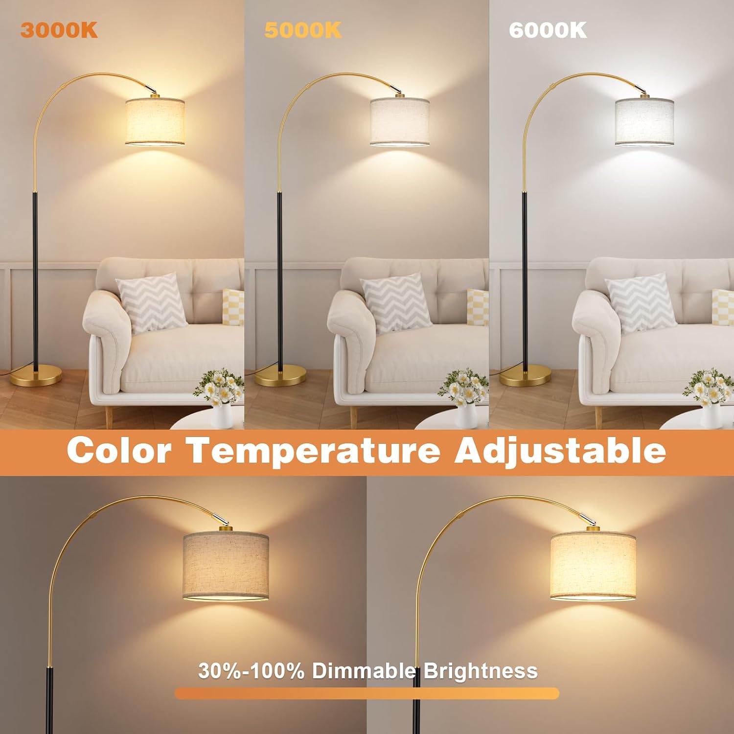 Ambimall Dimmable Arc Floor Lamp with Remote, Color Temperatures and Brightness Adjustable, Arched Floor Lamp with Rotating Head, Over…