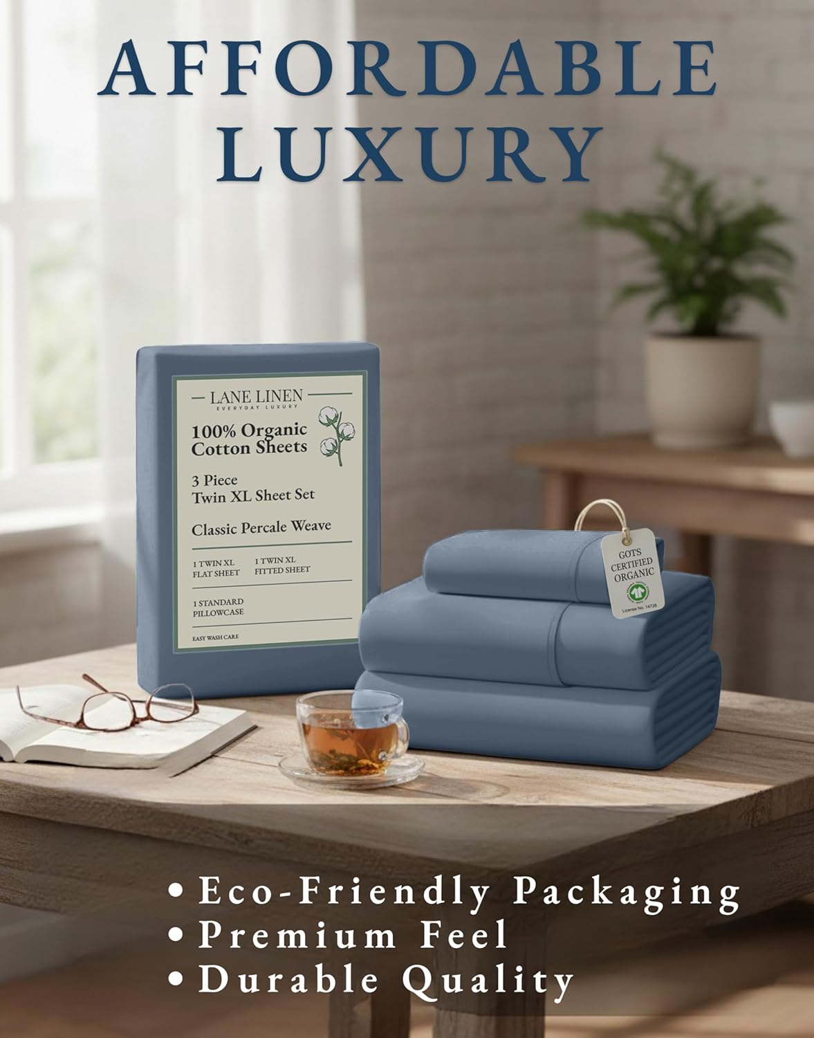 LaneLinen LANE LINEN 100% Organic Cotton reusable Fully Elasticized Twin XL Sheet Set, Low Pilling Fade Resistant Machine Washable Extr…