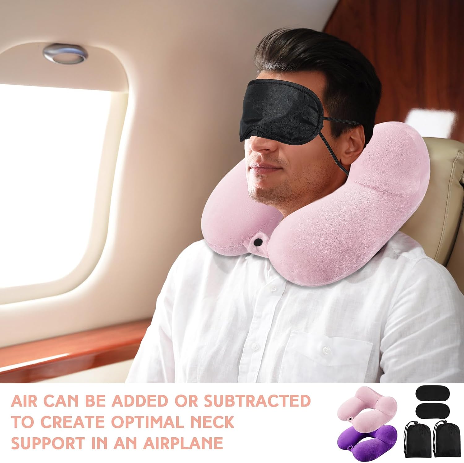 Sintuff 2 Pack Inflatable Travel Pillow for Airplanes Inflatable Neck Flight Pillows with Compact Bag and Blindfold for Traveling…