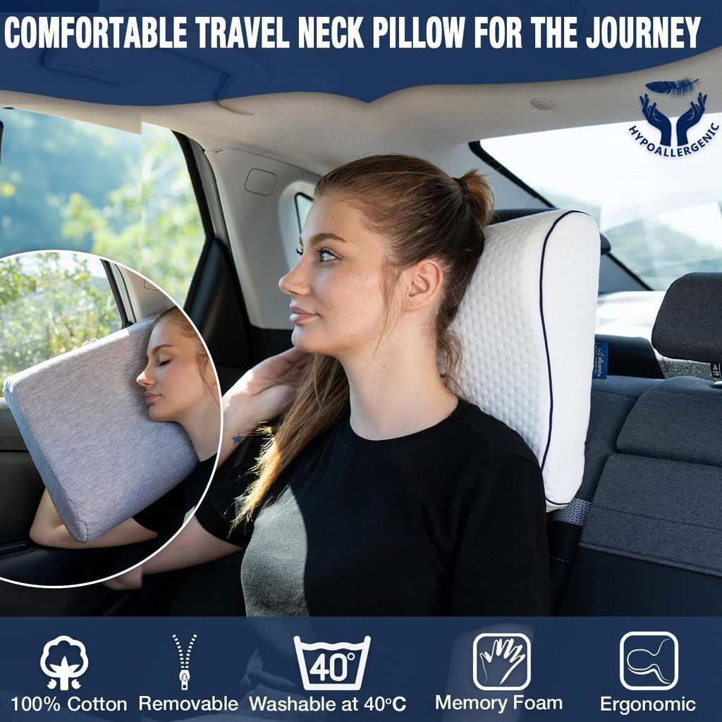 alkamto Travel & Camping Comfortable Memory Foam Pillow – Easy to Carry Portable Bag – Temperature Regulating Pillow Case (White Contour…