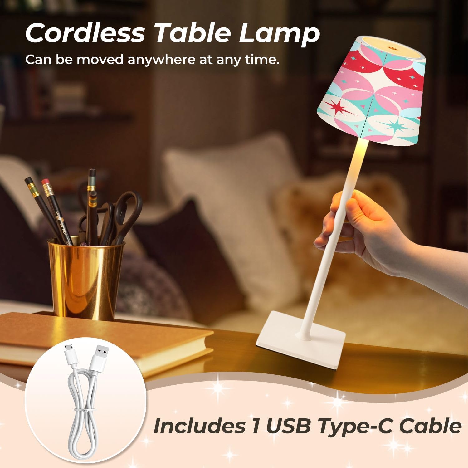 Cordless Mahjong Lamp Geometric Retro Circles Starbursts Soft Pink Coral Teal Color Small LED Lamp 3 Color Dimmable Rechargeable Lamps…