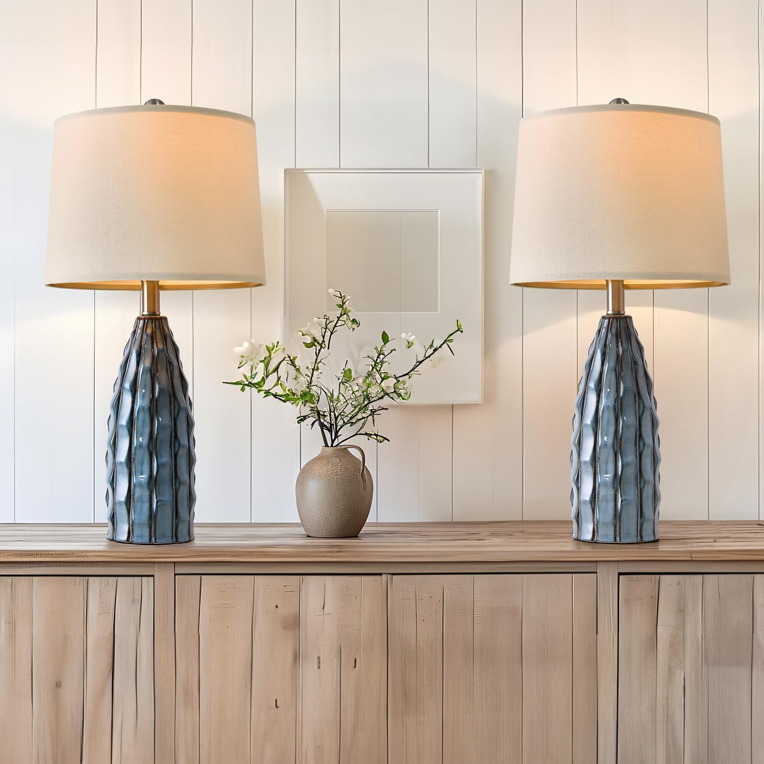 USumkky Ceramic Table Lamps Set of 2, 23.75" Modern Farmhouse Bedside Lamp - Blue Nightstand Lamps for Bedroom, Boho Living Room End…
