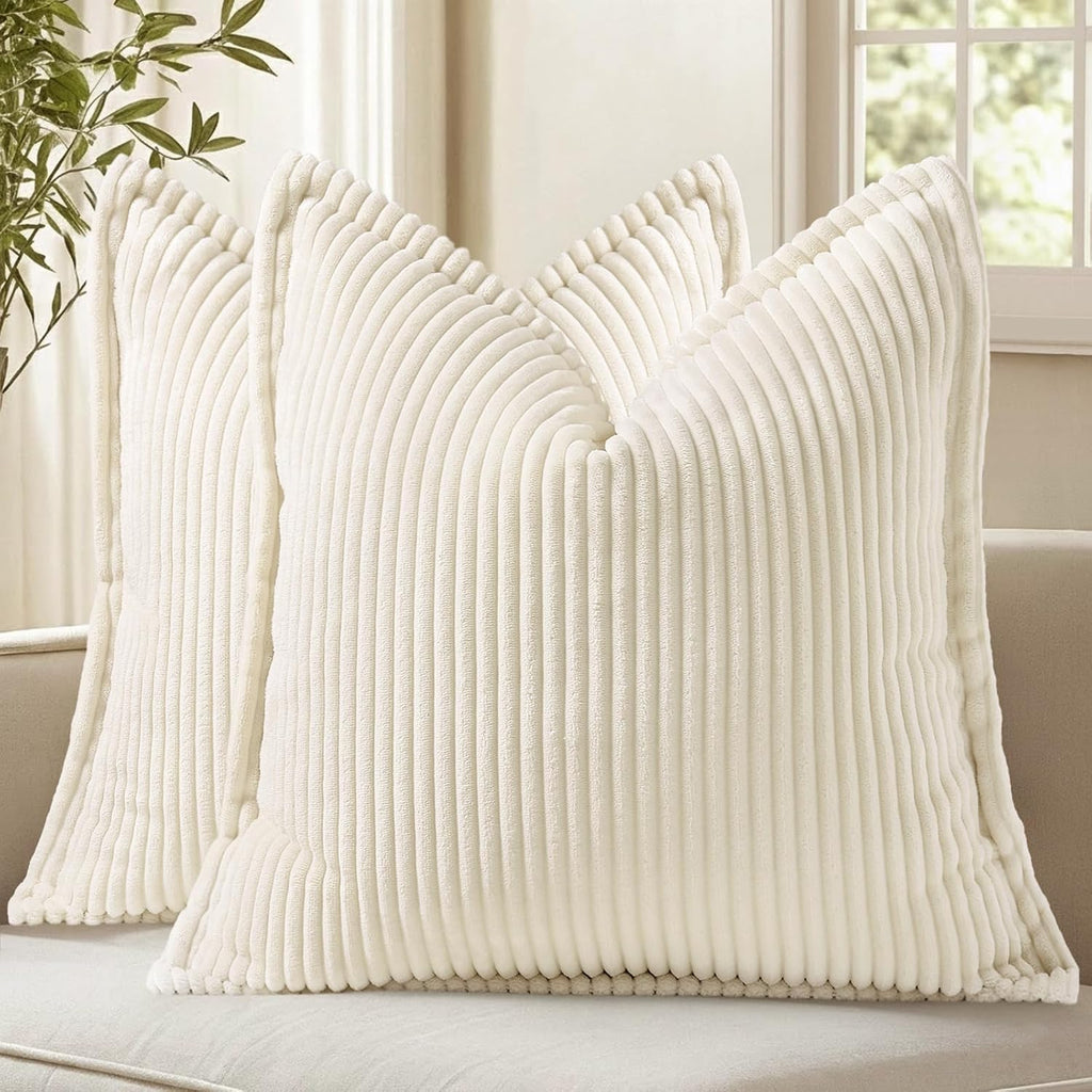 decorUhome Summer Corduroy Cream White Euro Sham Throw Pillow Covers 22x22 Set of 2 Decorative Soft Boho Farmhouse Couch Pillow Covers for…