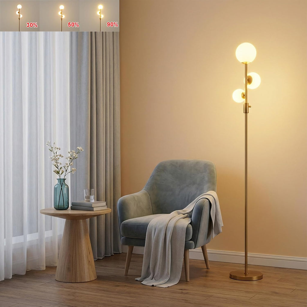 Fiqevs Dimmable 3 Globe Floor Lamp - Mid Century Modern Gold Standing Lamp with Frosted Glass Shade & LED Bulbs for Living Room, Bedroom…