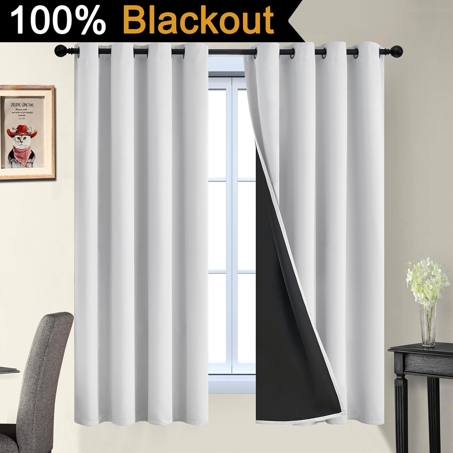 Yakamok 100% Blackout Curtains 63 Inches Long, 2 Thick Layers Heat and Full Light Blocking Soft Thermal Insulated Drapes for Bedroom(52" Wi…