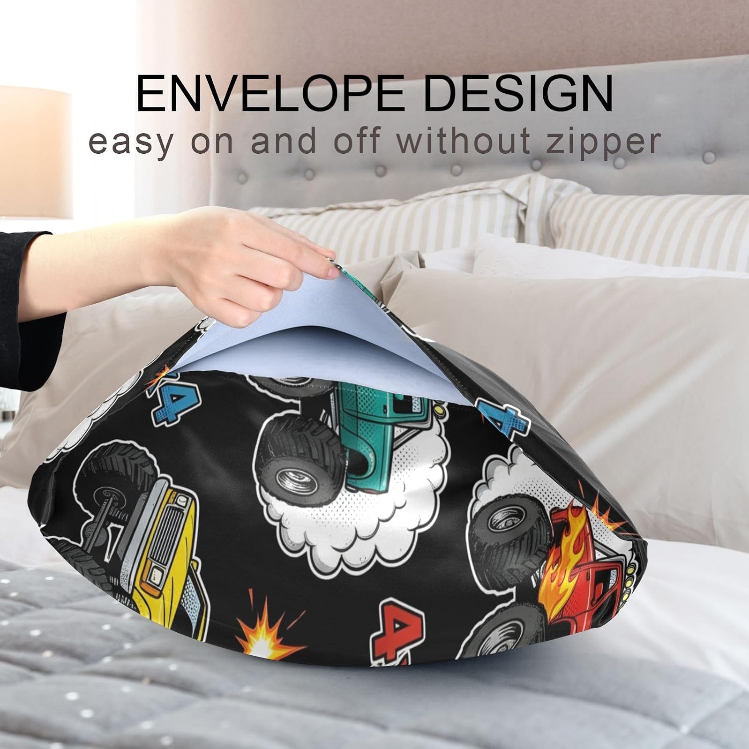 Monster Truck Black Print Pillow Covers Silk Pillowcase for Hair and Skin Soft Breathable Smooth Cooling Satin Pillowcase Queen Size…