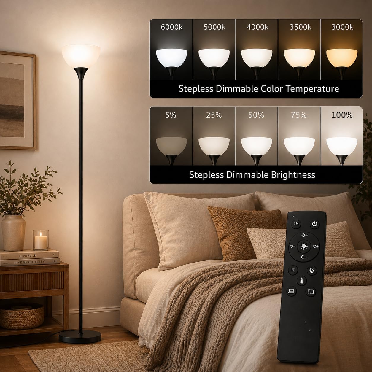 PESRAE Floor Lamp, Remote Control with Stpeless Color Temperatures and Brightness, Torchiere lamp for Bedroom, Living Room, Bulb Included…