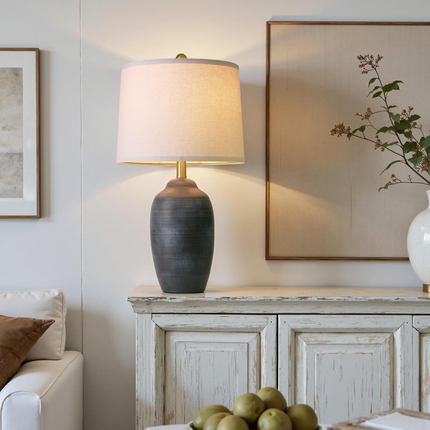 USumkky 24.5" Vintage Ceramic Table Lamp with 5FT Cord- Single Farmhouse Rustic Bedside Lamp with Natural Textured Finish, Nightstand…