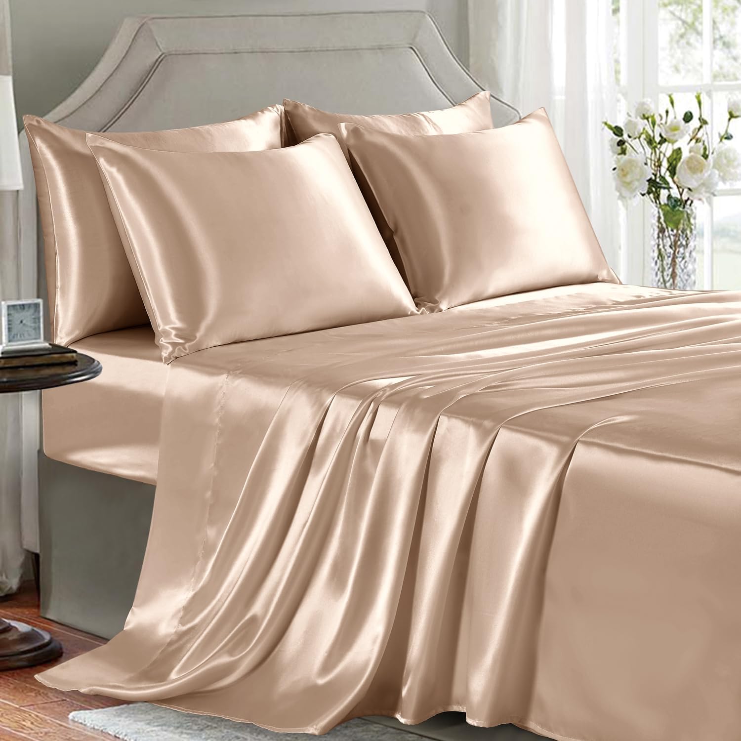 Golal Satin Sheets King Size - 6 Pieces Luxury Silky Soft Bed Sheets, Wrinkle-Free Champagne Satin Silk Sheet Set with 1 Deep Pocket Fitted…