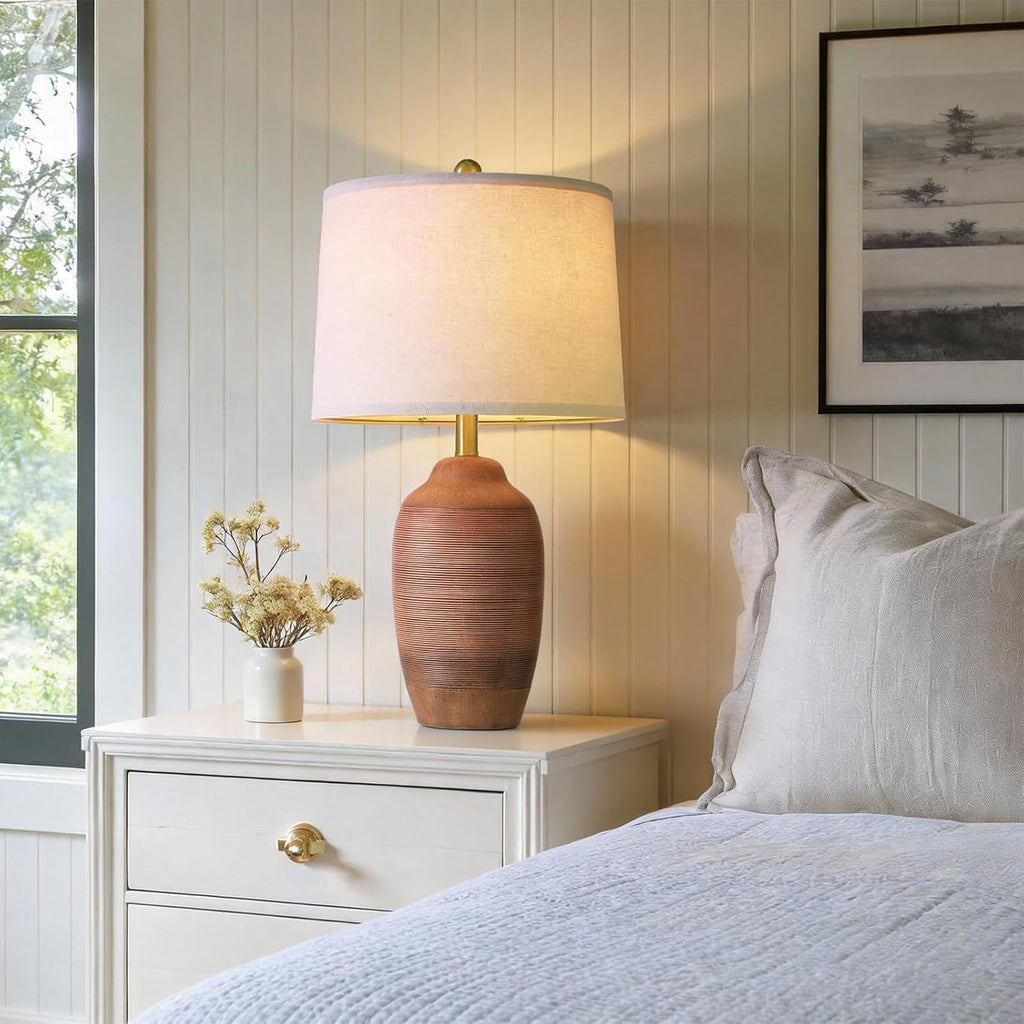 USumkky 24.5" Single Rustic Terracotta Brown Handcrafted Ceramic Table Lamp 5FT Cord, Farmhouse Vintage Lamp with Linen Drum Shade, Bedside…