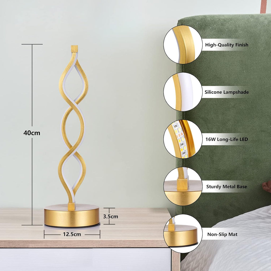 NUÜR Gold Infinity Spiral LED Table Lamp, Lamps for Bedrooms Dimmable Metallic Bedside Lamp with Touch Controller, 3 Colour Temperature…