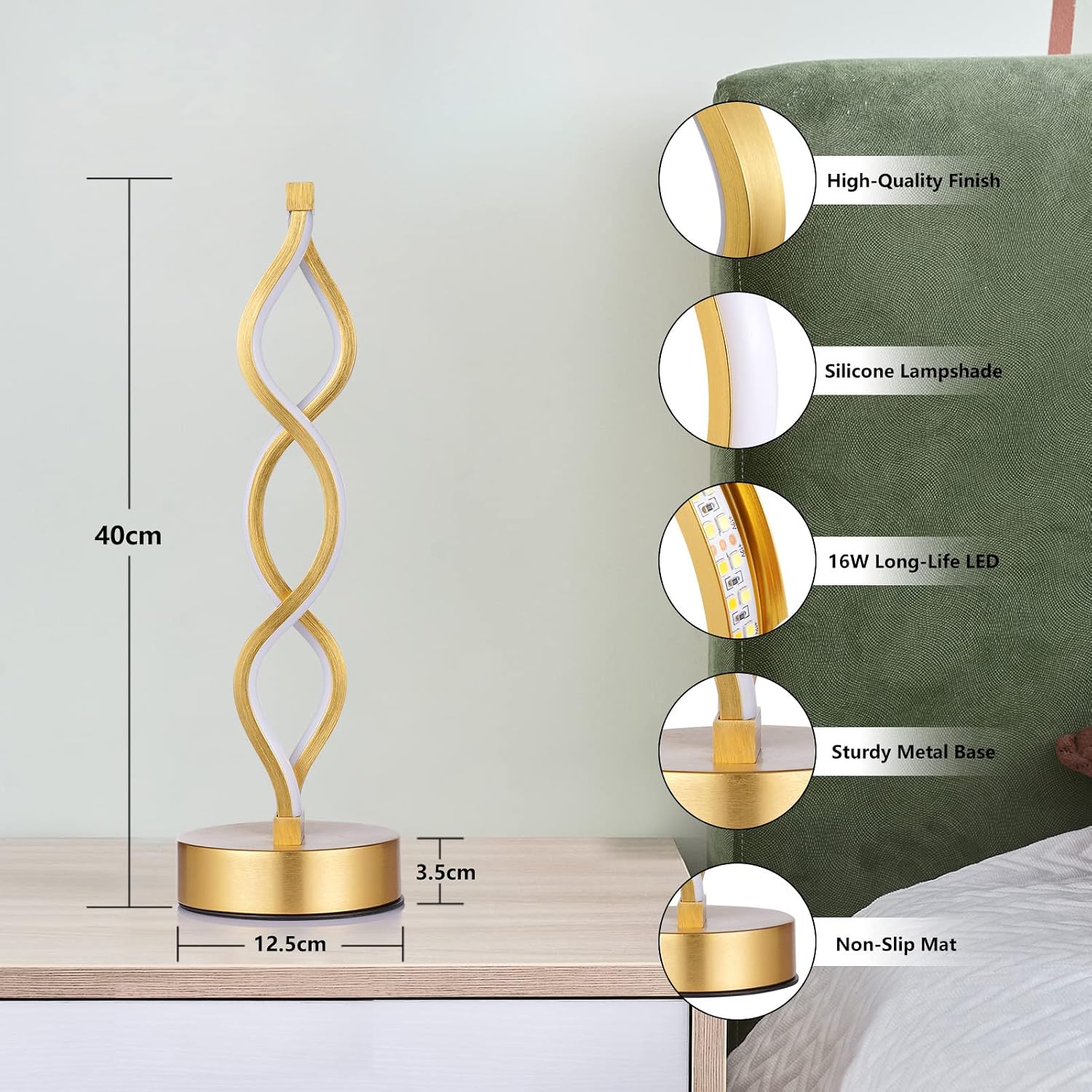 NUÜR Gold Infinity Spiral LED Table Lamp, Lamps for Bedrooms Dimmable Metallic Bedside Lamp with Touch Controller, 3 Colour Temperature…