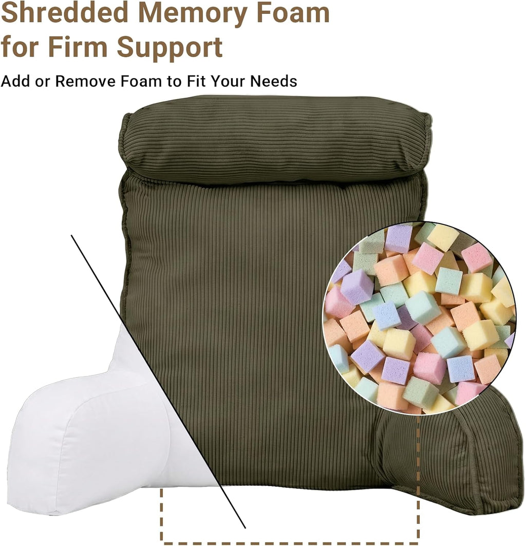 Reading Pillow for Bed with Detachable Neck Roll and Shredded Memory Foam, Back Pillow with Arms for Sitting Up, Washable Bed Rest Pillow…