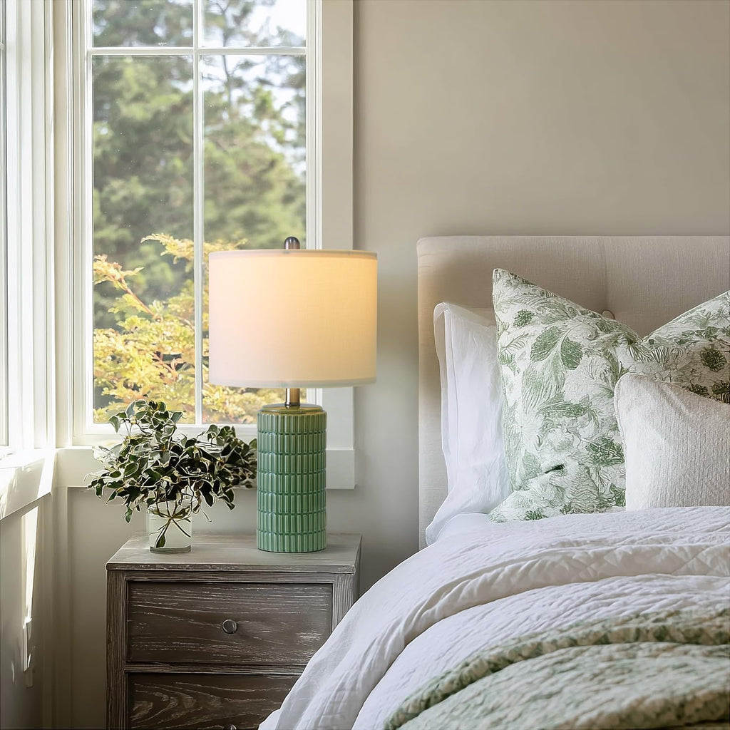 PoKat 20.75" Small Modern Ceramic Table Lamps Set of 2 for Bedroom, Green Bedside Lamps for Night Stands, Farmhouse House Decor…