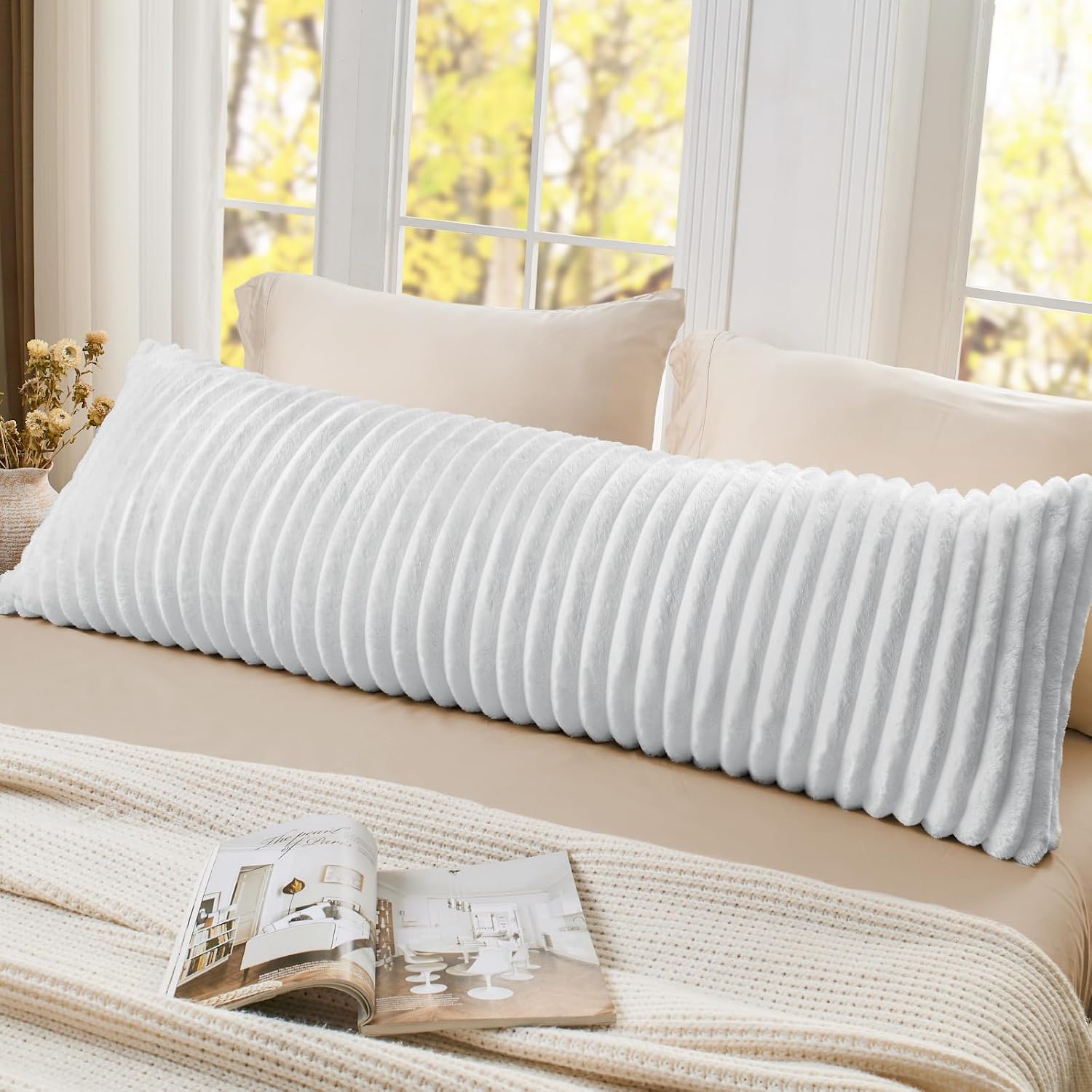 Bedelite Fluffy Faux Fur Body Pillow Cover with Zipper, Luxury Plush 3D Striped Pillow Cover 20x54 Inches, Super Soft and Cozy Long Body Pi…