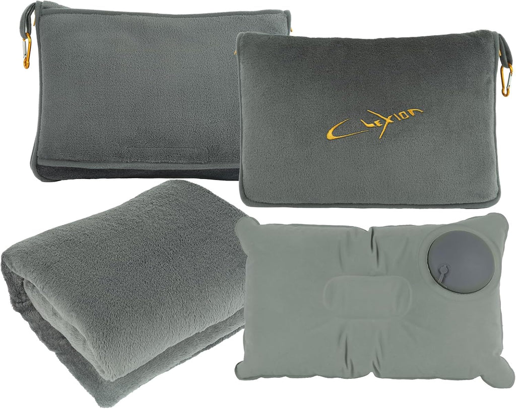 Travel Blanket and Pillow Set for Airplane, 300 GSM Soft Fleece Compact Travel Blanket with Inflatable Pillow and Carry Bag, 60x43…