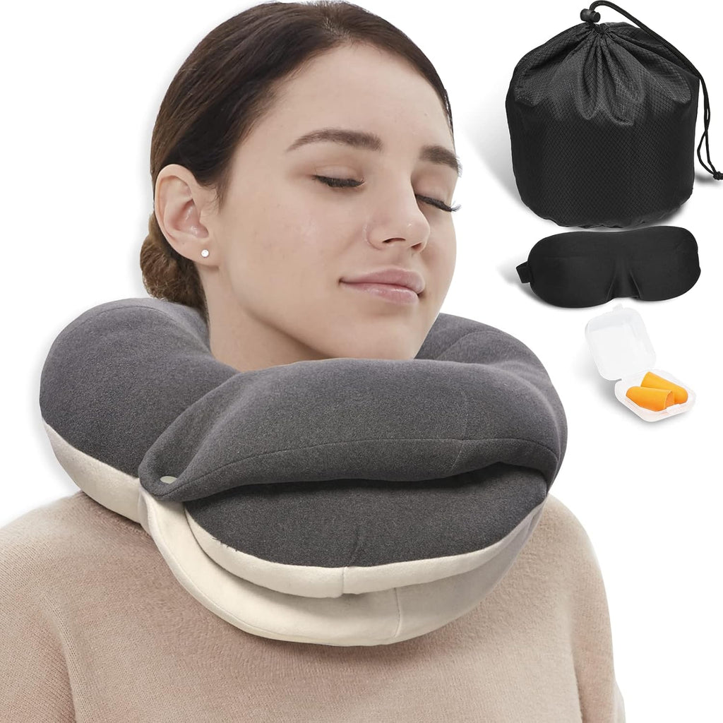 BUYUE Travel Neck Pillows for Airplanes, Memory Foam 360° Head Support Sleep for Long Flight, Skin-Friendly & Breathable, Kit with Eye…