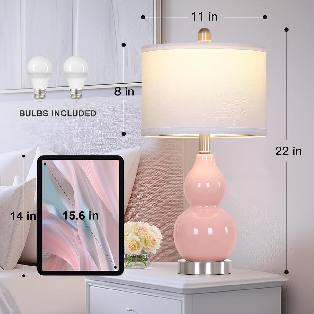 Rinweey Double Gourd Ceramic Table Lamps Set of 2, Modern Pink Bedside Lamps for Night Stand, Contemporary Nightstand Lamps for Bedroom…