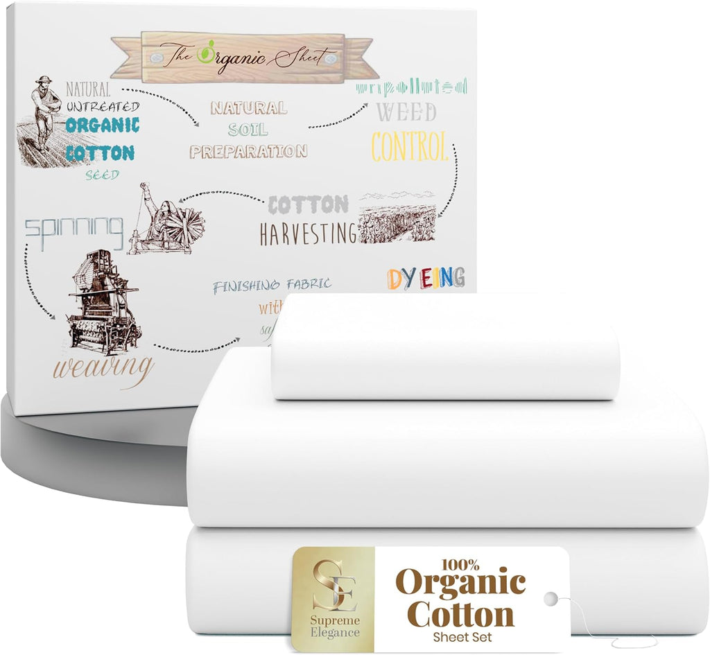 SupremeElegence SUPREME ELEGANCE 3Pc 100% Organic Cotton Twin XL Sheets Set, Snow White, Cooling Percale, Deep Pocket Fitted Sheet, Fits Ma…