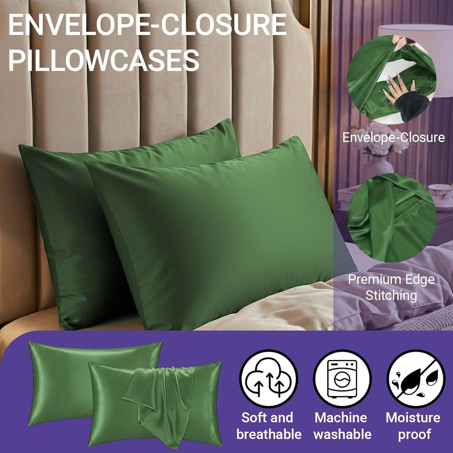 QJFabricCO Q&J Fabric Co. 2 Pack Satin Pillowcase Silk Like Pillow Cases 20x36 inch Sage Green Cooling Pillow Cases with Envelope Closure f…