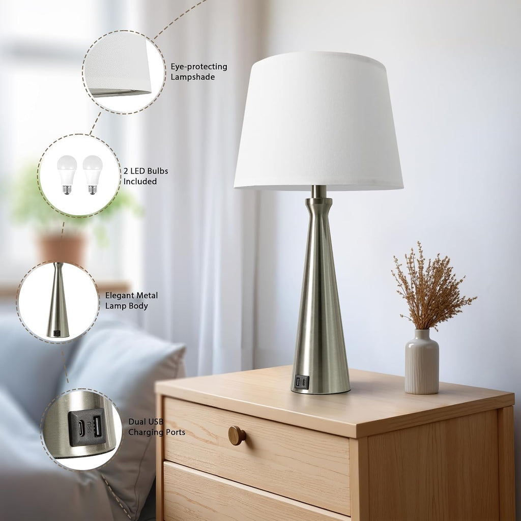 Seealle Modern Table Lamps Set of 2 - Touch Bedside Lamp for Nightstand with Dual USB C+A,3-Way Dimmable Silver Nightstand Lamps for…