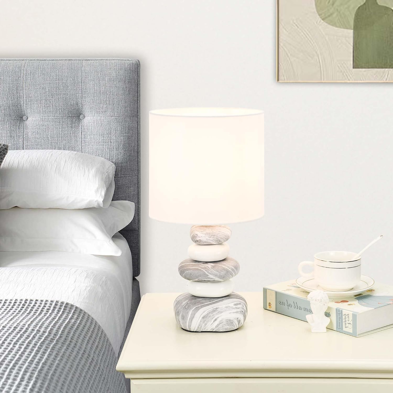 Stoney Ceramic Table Lamp for Living Room as Modern Kids Night Bedside Table Lamp for Bedroom, Φ7.09×H13.58IN, Bulb Excluded, Grey Marble