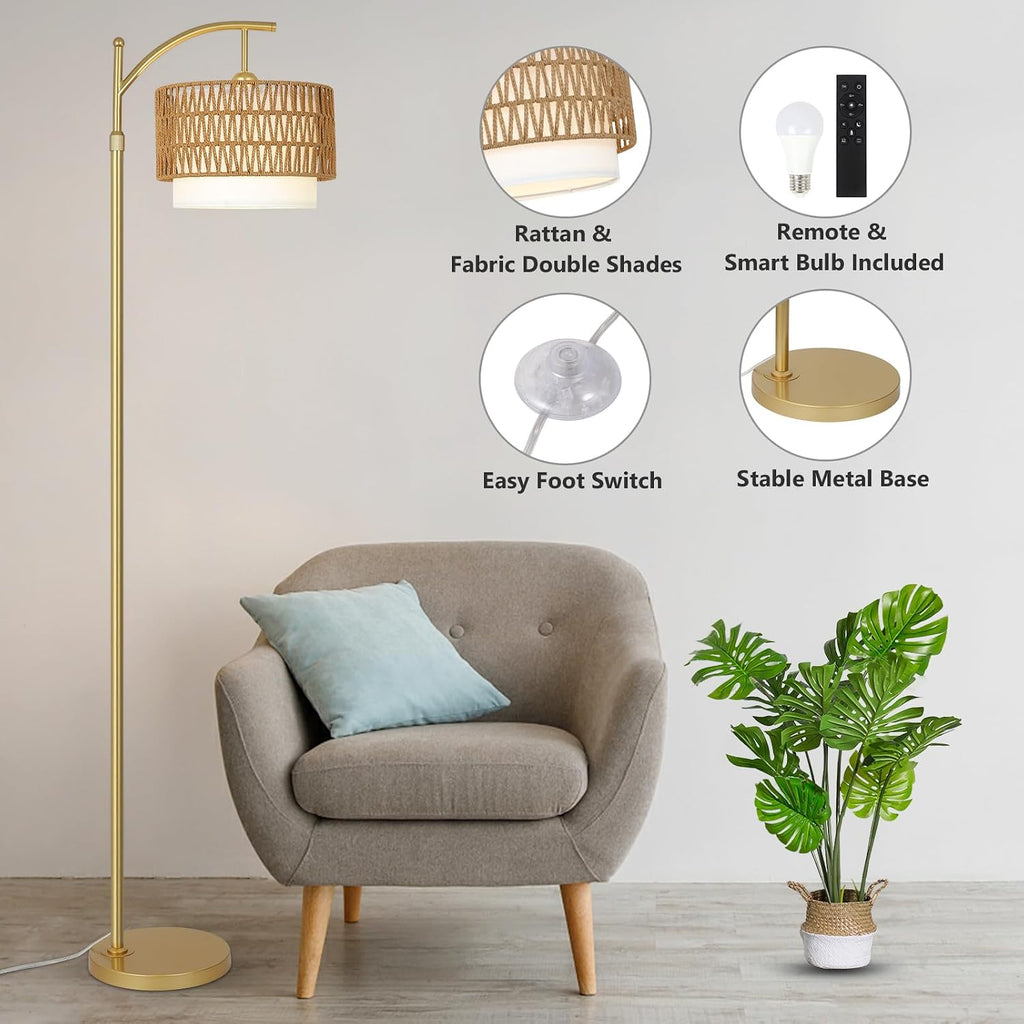 Gold Floor Lamps for Living Room with Remote & Dimmable LED Bulb, Modern Arc Floor Lamp with 3 Color Temperatures, Boho Standing Lamp…