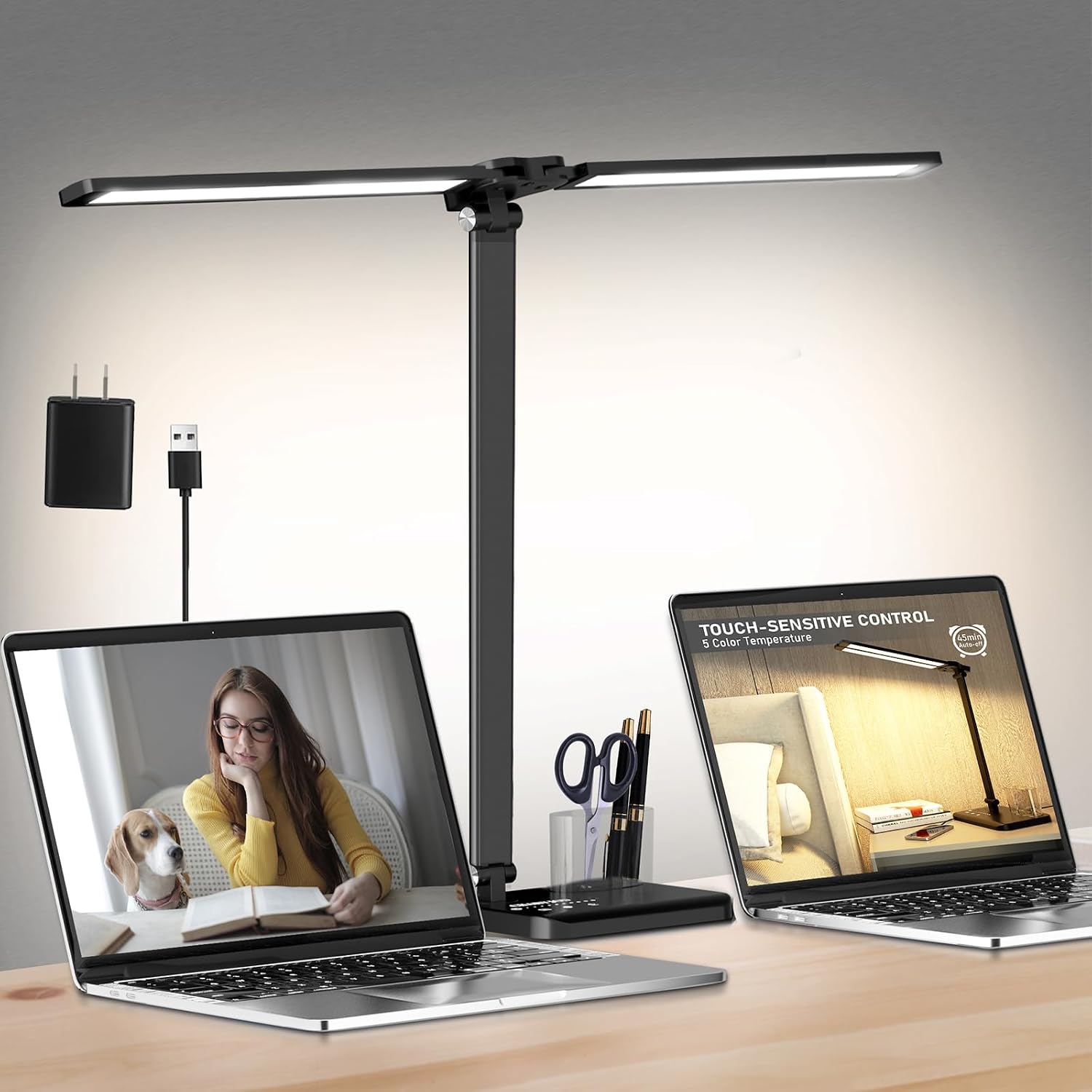 CHARYJOD Dimmable LED Desk Lamp with USB Charging Port Bright, 50 Lighting Modes Dual Swing Arm Architect Table Lamp Light Desk Lamp for…