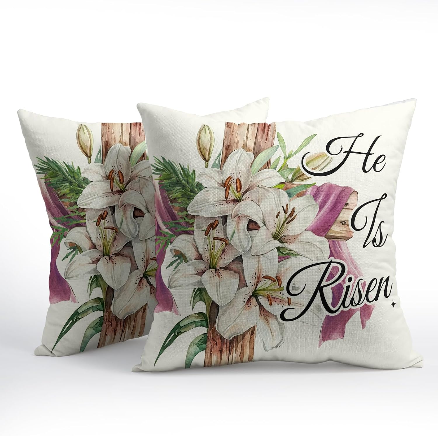 Easter Throw Pillow Covers 18x18 Inch Set of 2 He is Risen Cushion Case Spring Lily Flower Cotton Linen Square Pillowcases Happy Easter…
