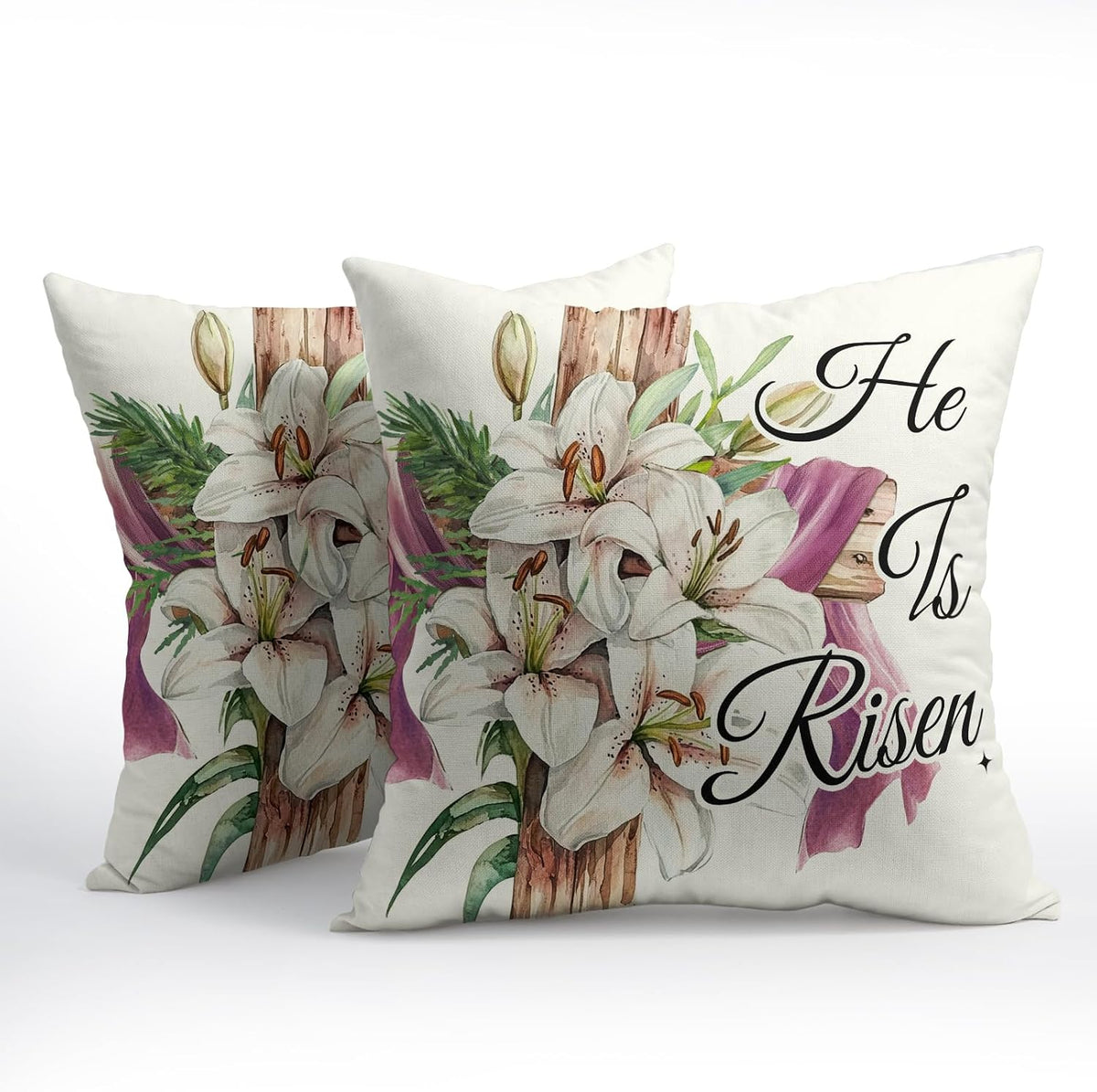 Easter Throw Pillow Covers 16x16 Inch Set of 2 He is Risen Cushion Case Spring Lily Flower Cotton Linen Square Pillowcases Happy Easter…