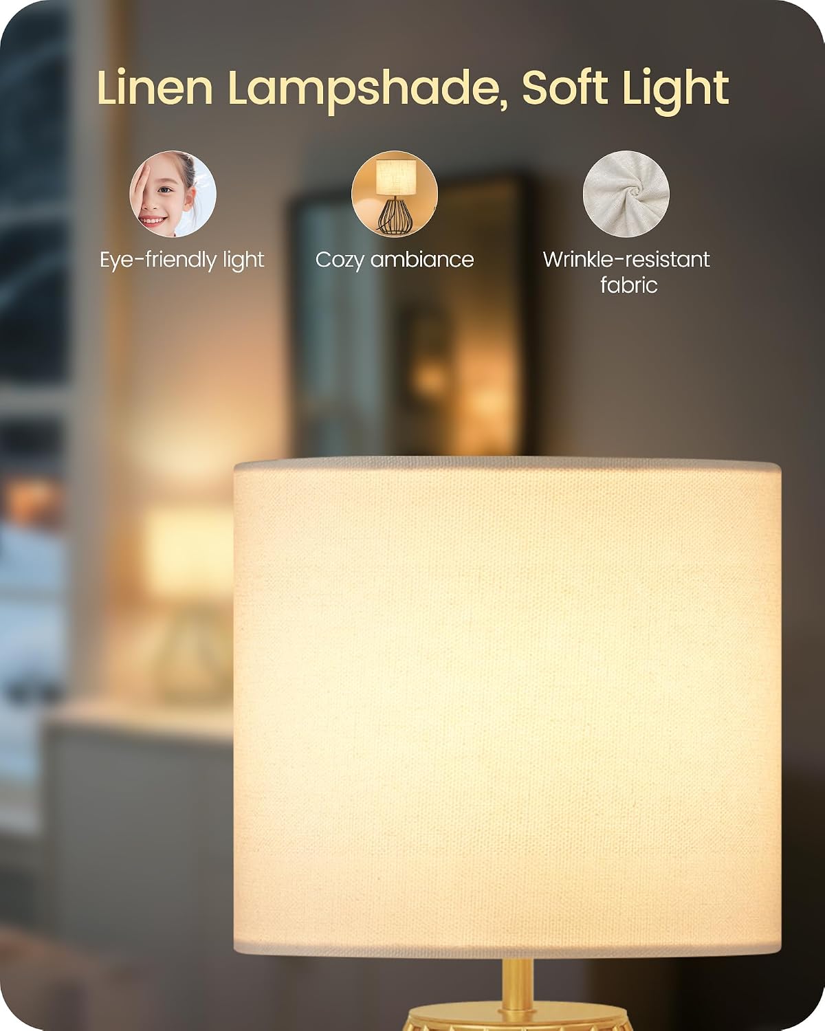 Gold Table Lamp Set of 2, Small Bedside Lamps Set of 2, 2700K LED Bulb Included, Gold Metal Base & White Linen Lampshade, Modern…