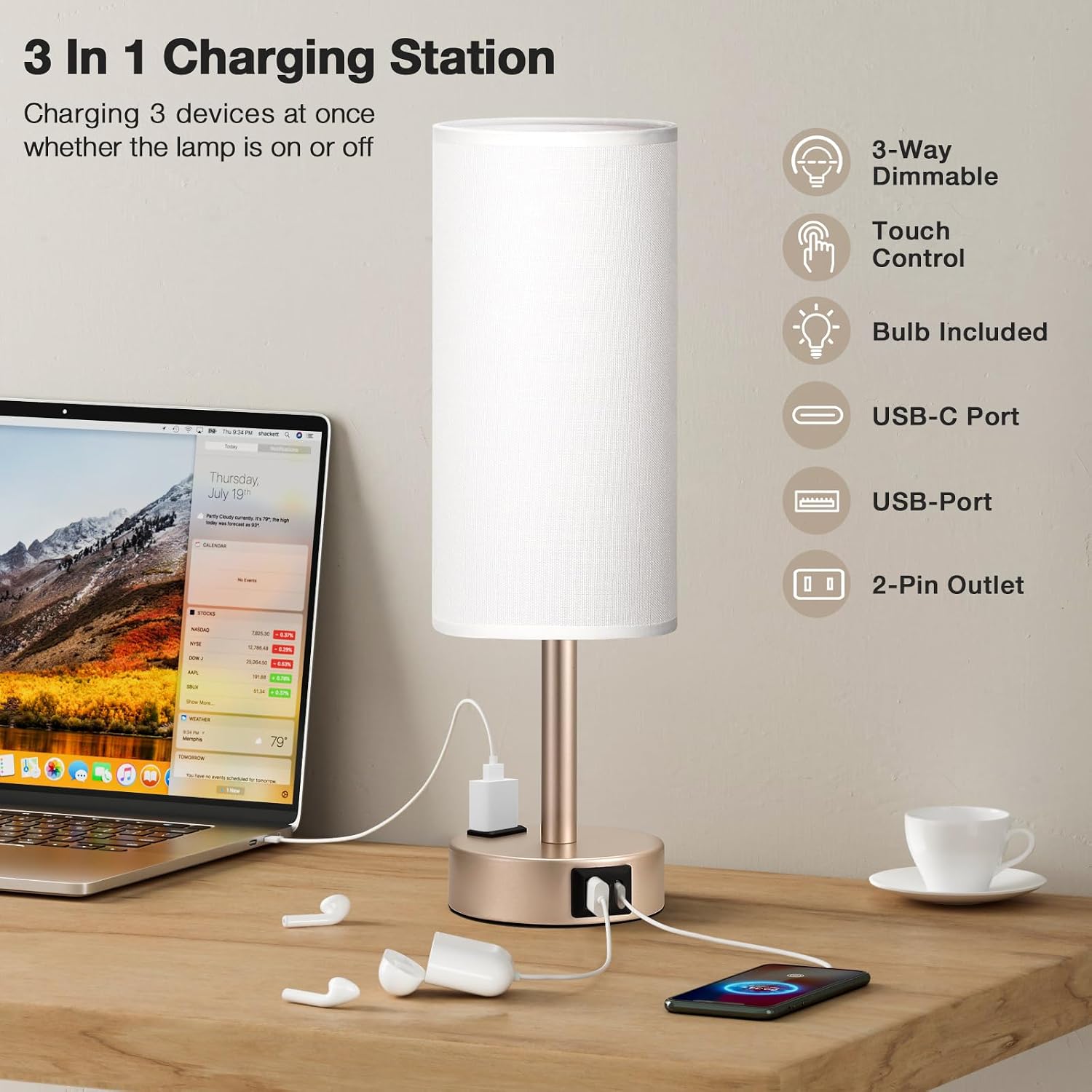 Antique White Bedside Table Lamp for Bedroom - 3 Way Dimmable Touch Lamp USB C Charging Ports and AC Outlet, Small Lamp Gold Base Round…