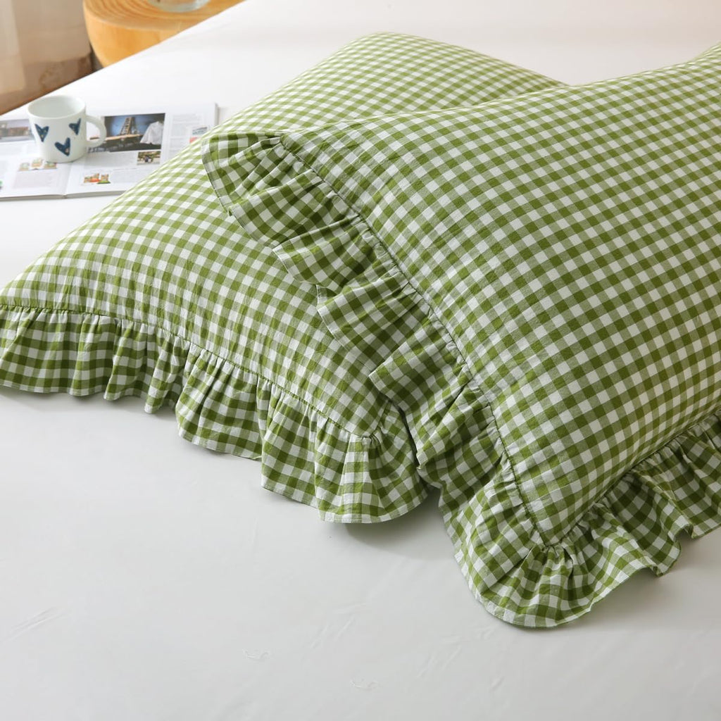 Silnuo Green/White Plaid Ruffled Queen Size Pillow Shams Set of 2, Washed Cotton Shabby Checkered Gingham Farmhouse Bed Pillow Covers 20"x30…