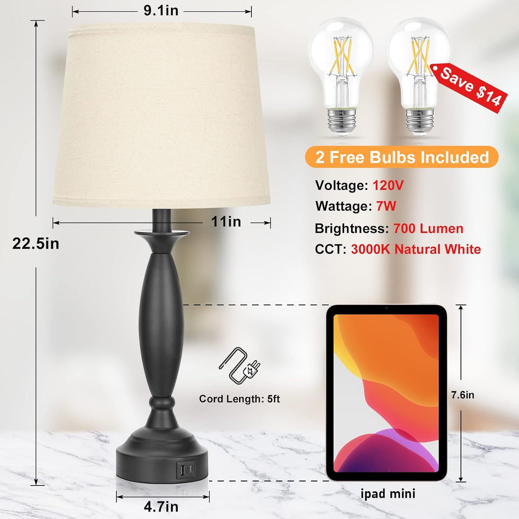 Seealle Beige Lamps for Bedrooms Set of 2 - Touch Control Bedside Lamp with USB C+A, 3 Way Dimmable Nightstand Lamps with USB Port, Table…
