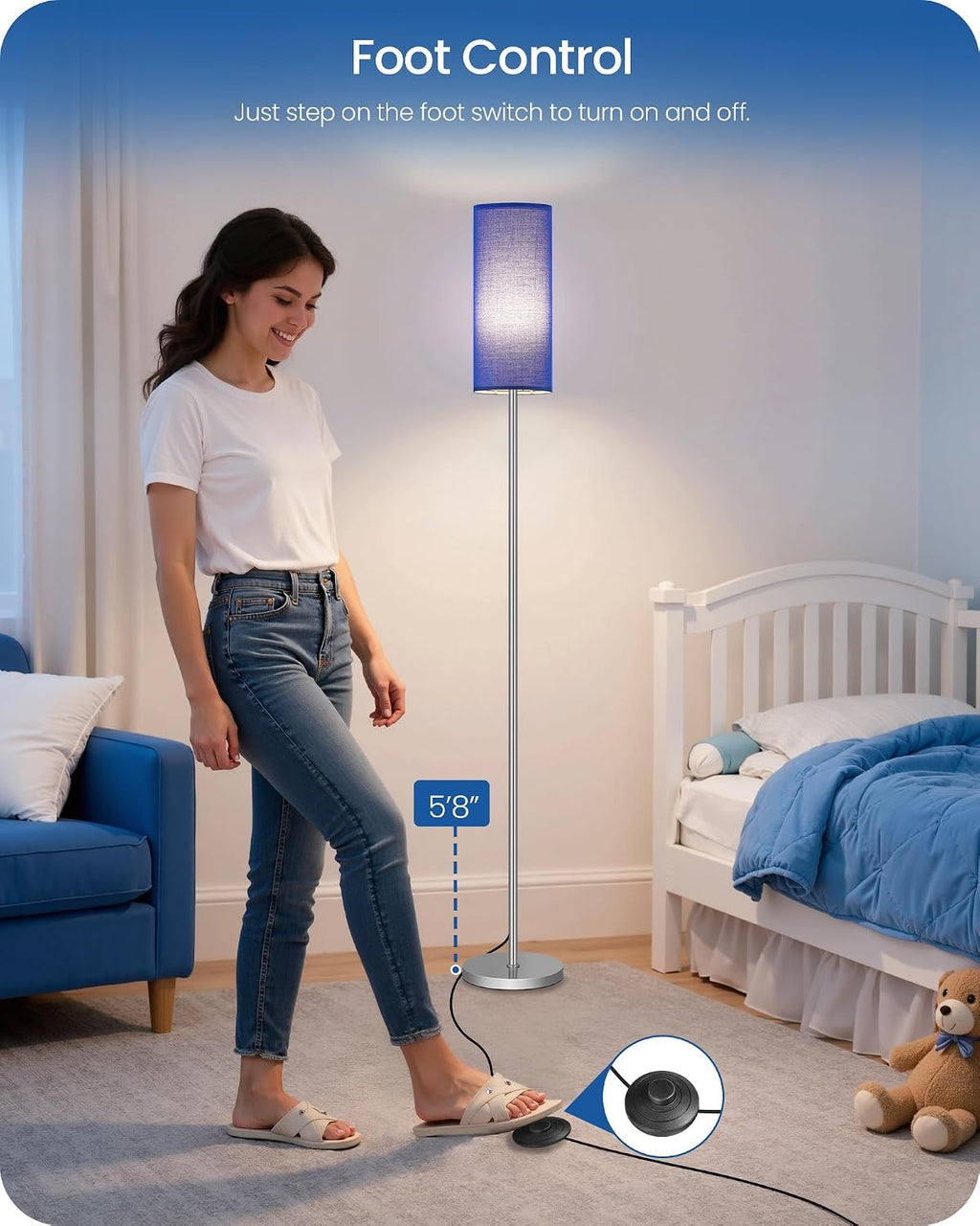 Dimmable Floor Lamps for Living Room with Remote and Foot Switch, 64.4” Modern Standing Tall Lamp, Corner Lamp for Bedroom, Office, Bulb…