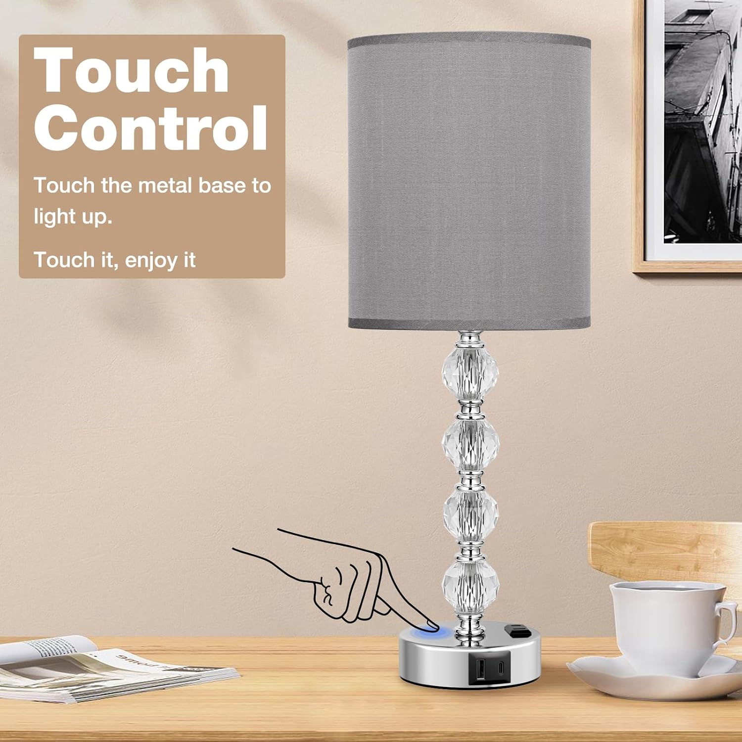 Touch Bedside Crystal Lamps for Bedrooms Nightstand with USB C+A Charging Port and AC Outlet White, 3 Way Dimmable Silver Large End Side…