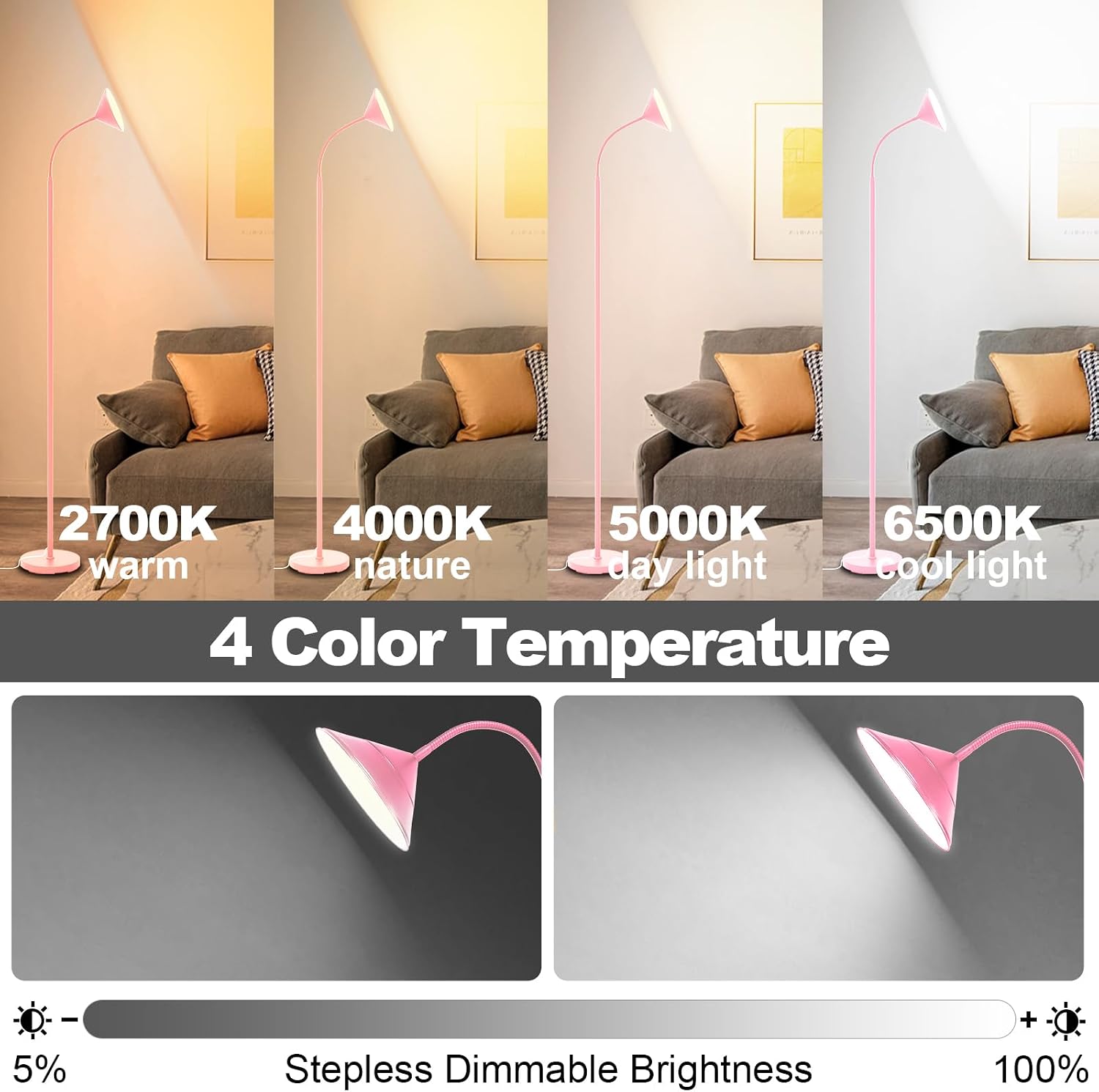 Floor Lamp, 18W Upgraded Bright LED Floor Lamps for Living Room Bedroom with Gooseneck Stepless Dimming & Color 76inch Tall Standing Lamp…