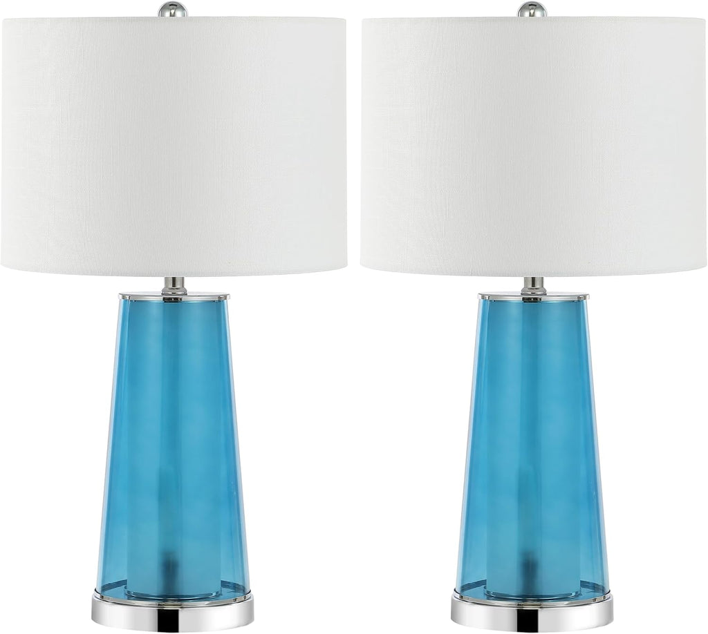 Jonathany JONATHAN Y 26" Chrome/Clear Blue Nightlight Table Lamp Set of 2 for Bedroom, Modern Glass Desk Lamps with White Fabric Shade, Far…