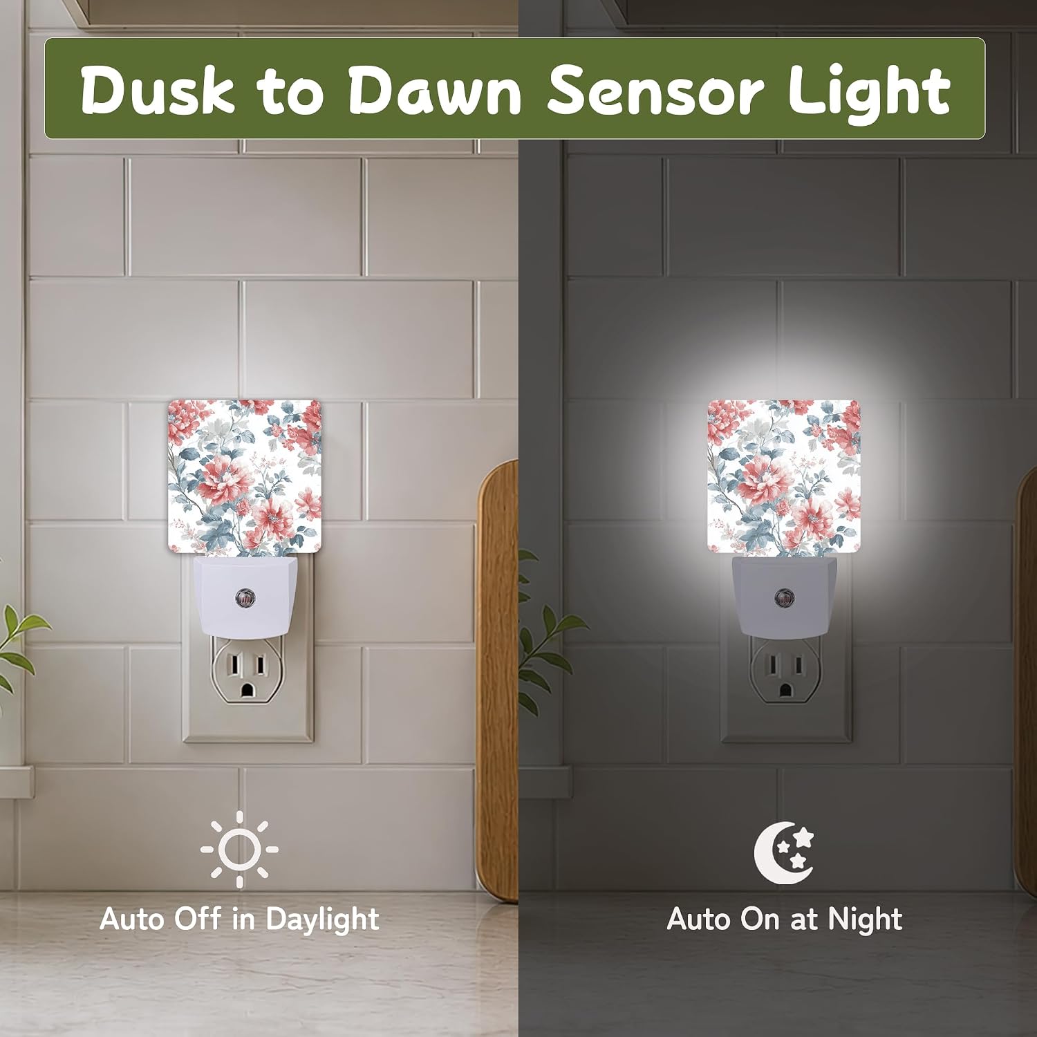 Vintage Blue Pink Floral Night Light, Night Lights Plug into Wall with Dusk to Dawn Sensor for Bedroom Bathroom Hallway Kitchen…