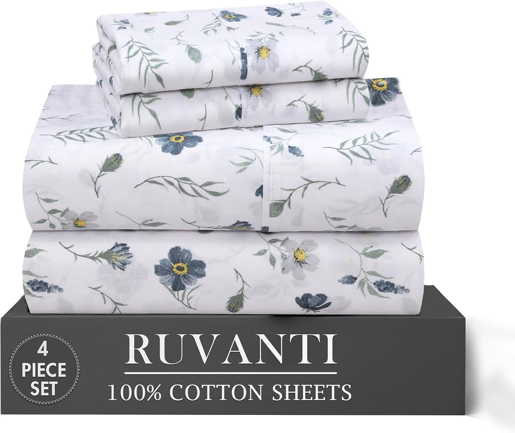 Ruvanti 100% Cotton Percale Sheets Twin XL Size 4 Piece Set, Cooling Bed Sheets for Hot Sleepers, Deep Pocket 16”, Breathable Lightweight &…