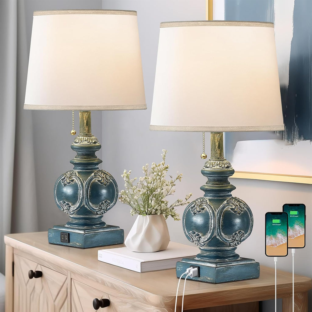 20.75" Farmhouse Table Lamps for Bedroom Set of 2, Rustic Bedside Lamps with 2 USB Port, Retro side table lamp Antique Nightstand Lamp…