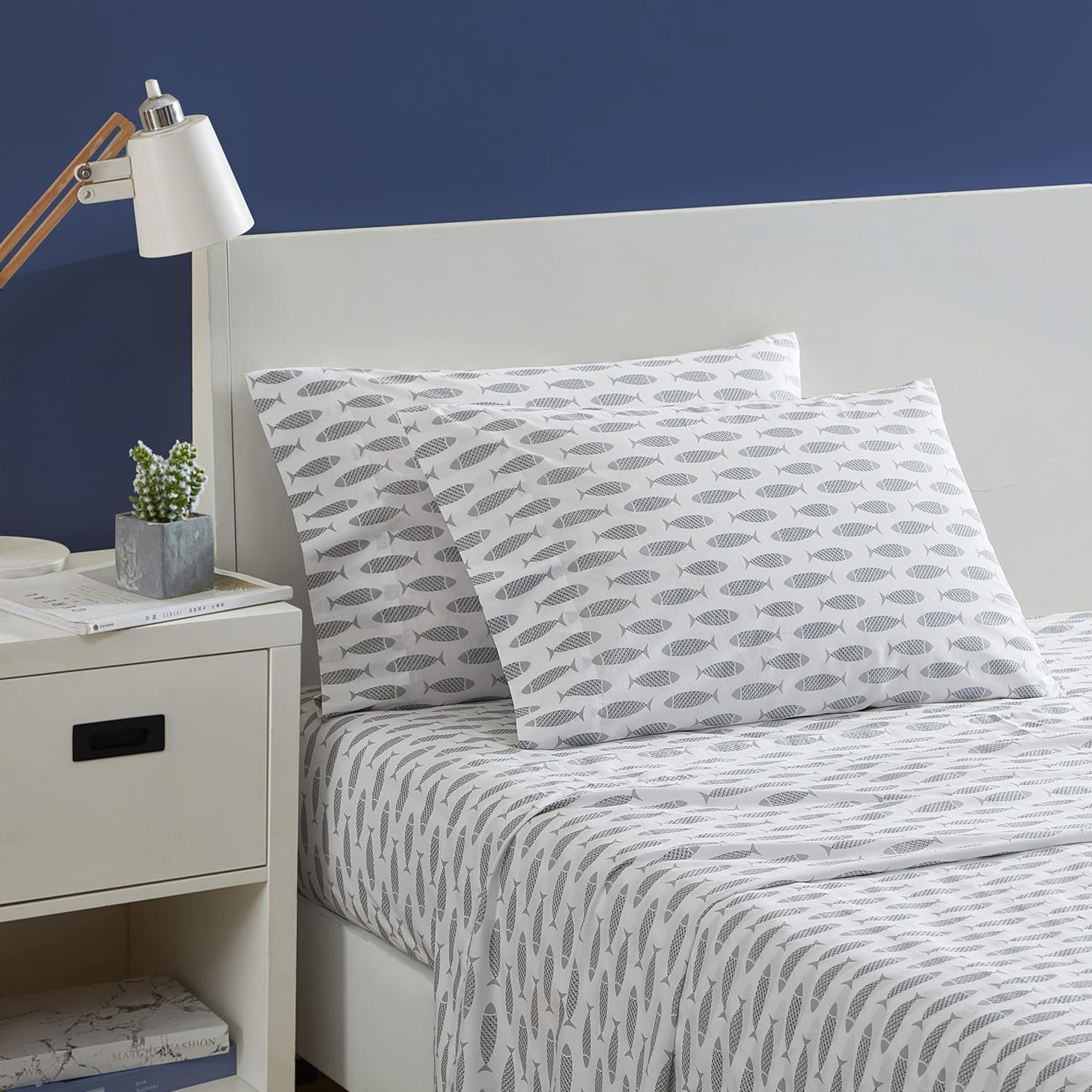 Nautica Queen Sheets, Cotton Percale Bedding Set, Crisp & Cool, Coastal Home Decor (Woodblock Fish Grey, Queen) Cotton Grey