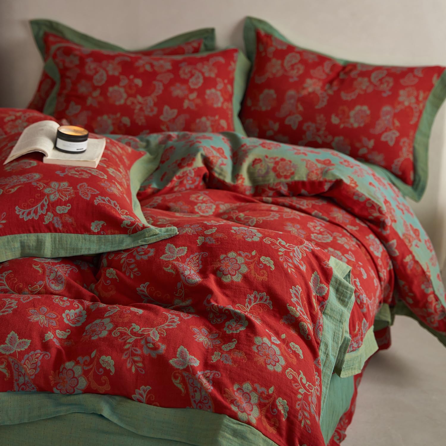 mixinni Exquisite Vintage Red Floral Duvet Cover Queen Size Yarn-Dyed Jacquard Textured Design Duvet Cover Set with Green Edge Design Musli…