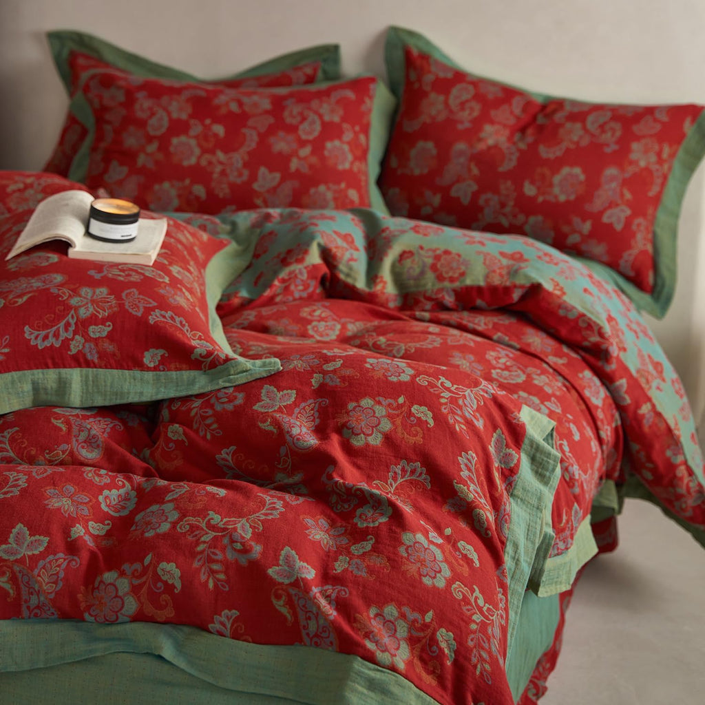 mixinni Exquisite Vintage Red Floral Duvet Cover King Size Yarn-Dyed Jacquard Textured Design Duvet Cover Set with Green Edge Design Muslin…