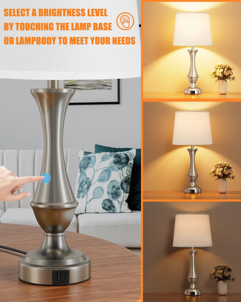 Seealle Upgraded Touch Lamps for Night Stands Set of 2 - Bedside Lamps with USB C+A, 3 Way Dimmable for Bedroom Living Room End Tables…