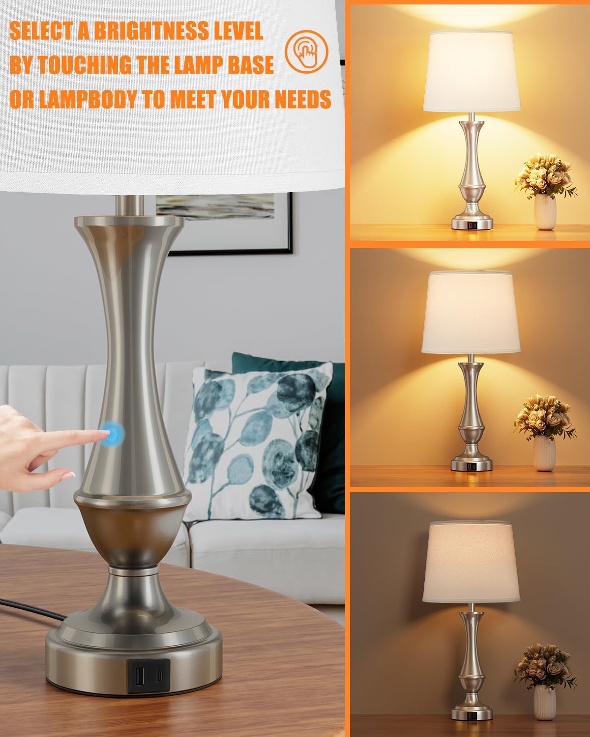 Seealle Upgraded Touch Lamps for Night Stands Set of 2 - Bedside Lamps with USB C+A, 3 Way Dimmable for Bedroom Living Room End Tables…