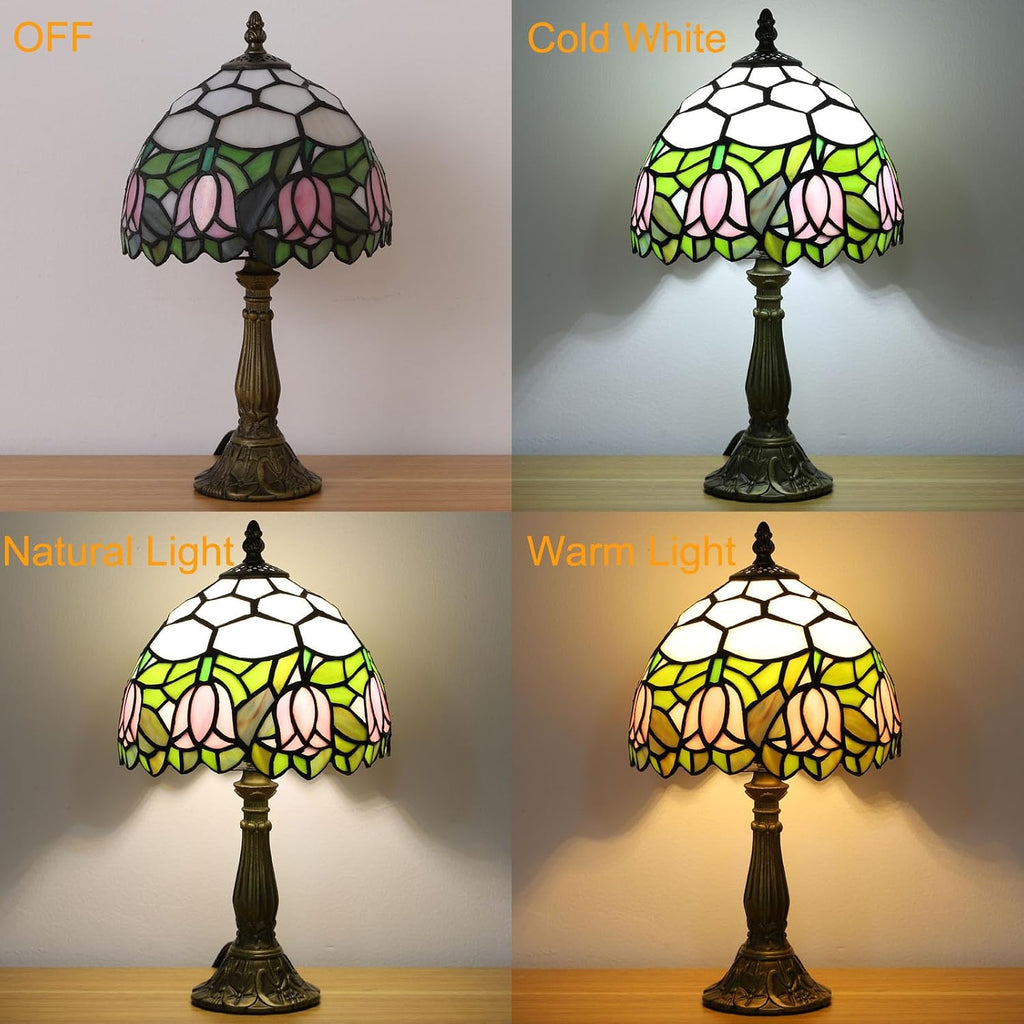 Tiffany Style Table Lamp, Pink Tulip Stained Glass Lamp, 8 Inch Small Antique Lamp, for Bedside Nightstand Bedroom Living Room Home…