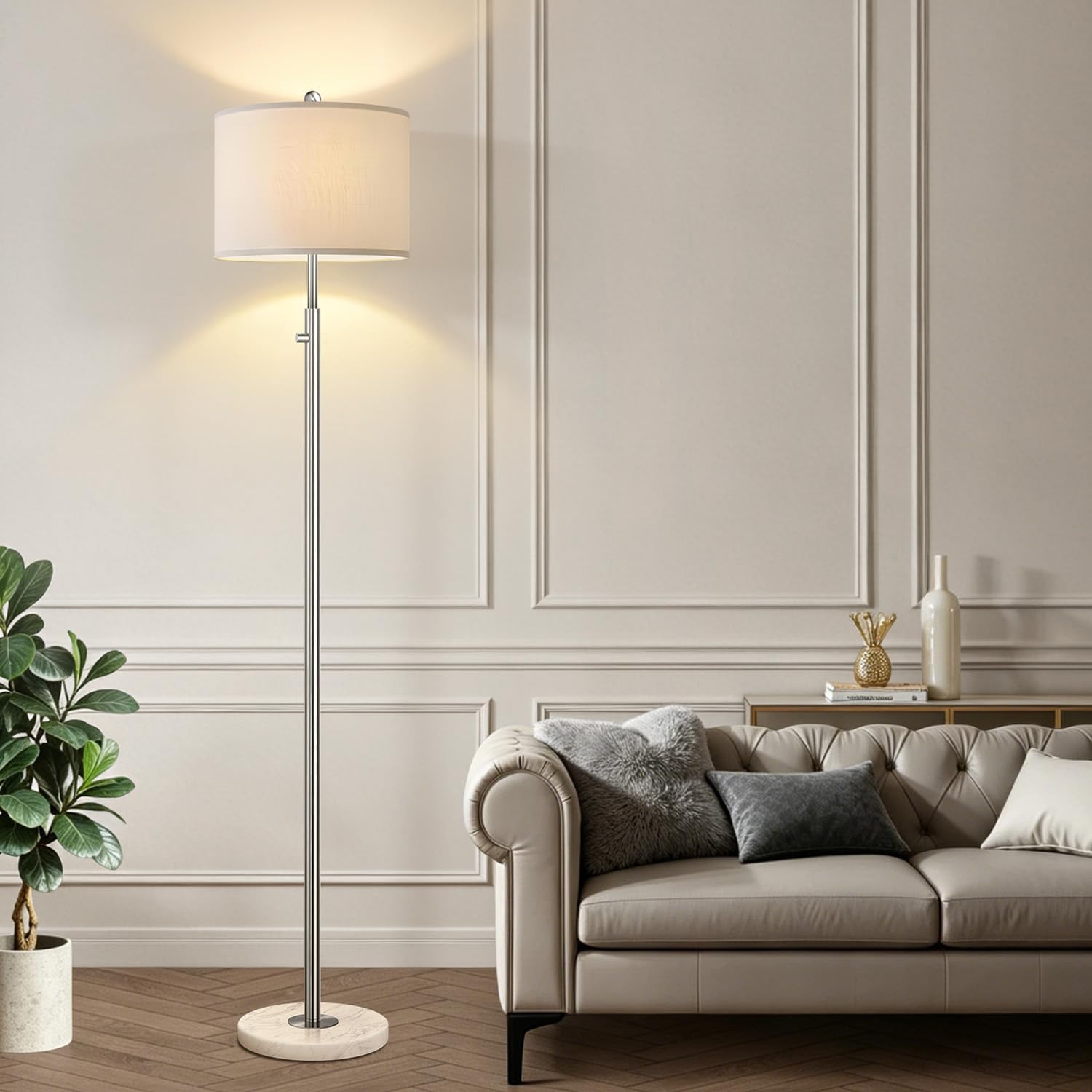 Upgraded】 Dimmable Floor Lamp for Living Room, 11W LED Bulb Included, Modern Standing Lamp with Marble Base, Tall Pole Light with Linen…