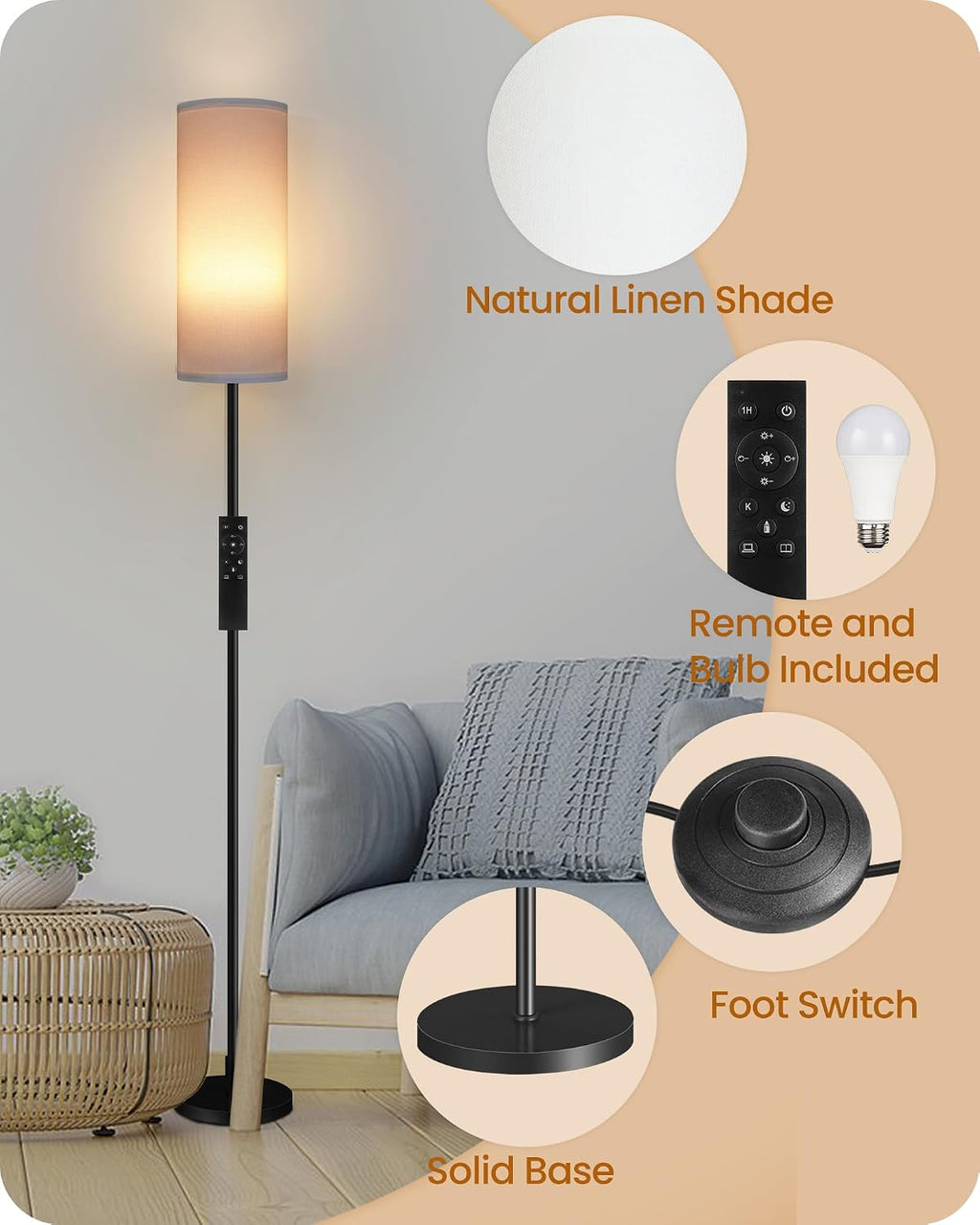 Set of 2 Dimmable Floor Lamps for Living Room with 2 Remotes and Foot Switch, 64.4”Modern Standing Tall Lamp, Corner Lamp for Bedroom…